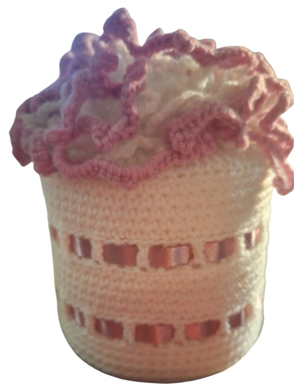 Vtg Crochet Cake Toilet Paper Roll Holder Cover Retro Pink & White Grannycore